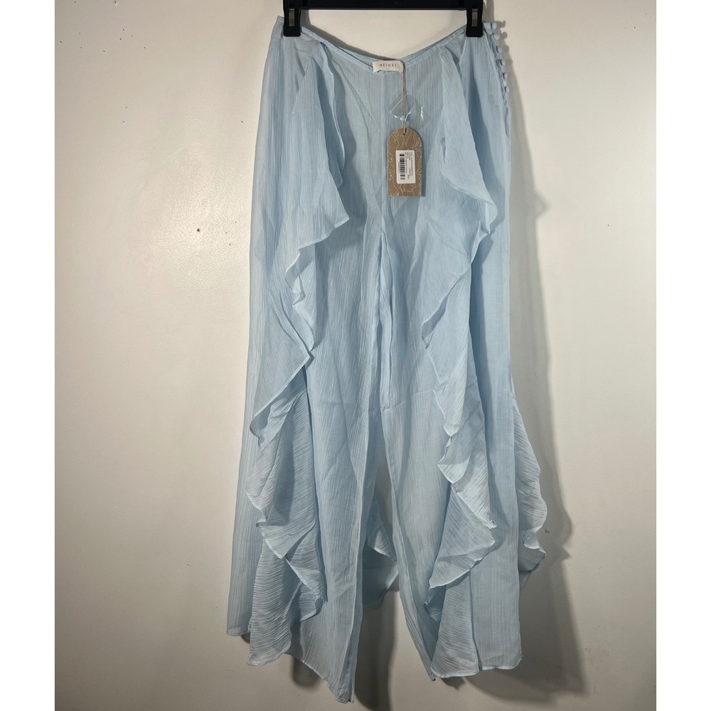 Meshki Kai Sheer Draped Ruffle Pant Pale Blue Wide Leg XS NIP